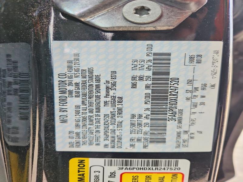 55848536 :رقم المزاد ، 3FA6P0HDXLR247520 vin ، 2020 Ford Fusion مزاد بيع