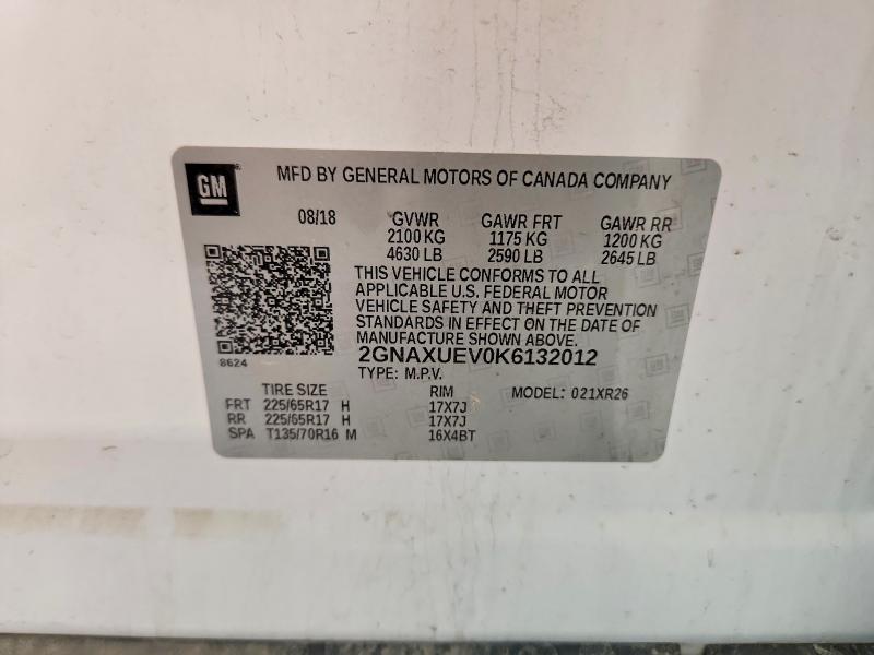 Aukcja sprzedaży 2019 Chevrolet Equinox, vin: 2GNAXUEV0K6132012, numer aukcji: 57335676