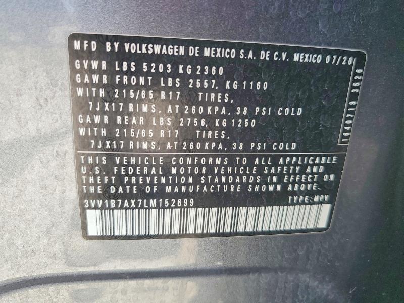 85631015 :رقم المزاد ، 3VV1B7AX7LM152699 vin ، 2020 Volkswagen Tiguan مزاد بيع