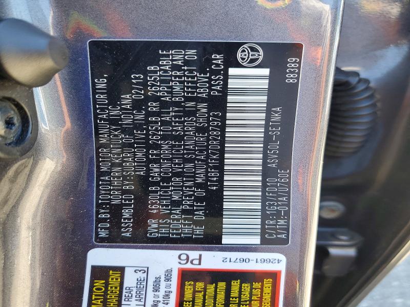 57869226 :رقم المزاد ، 4T4BF1FK7DR287973 vin ، 2013 Toyota Camry مزاد بيع