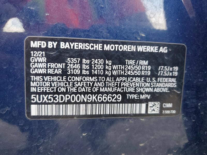 2022 Bmw X3 მანქანა იყიდება აუქციონზე, vin: 5UX53DP00N9K66629, აუქციონის ნომერი: 57541896