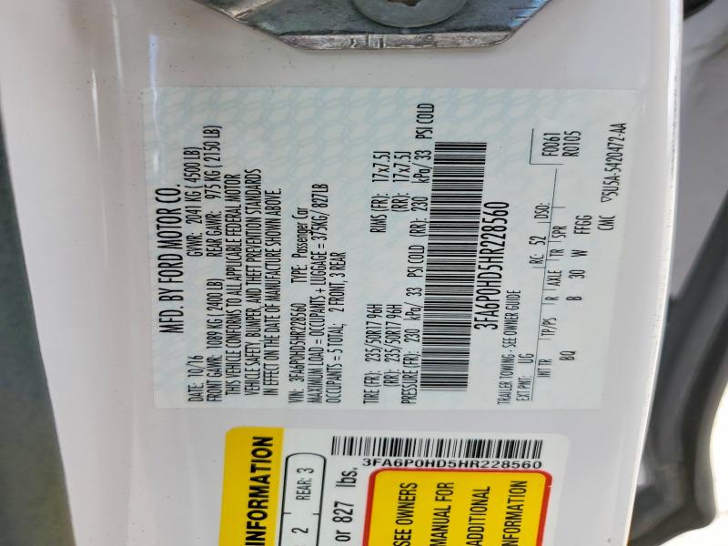 57353606 :رقم المزاد ، 3FA6P0HD5HR228560 vin ، 2017 Ford Fusion مزاد بيع