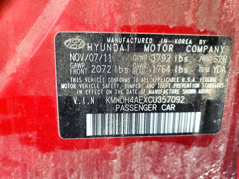 2012 Hyundai Elantra მანქანა იყიდება აუქციონზე, vin: KMHDH4AEXCU357092, აუქციონის ნომერი: 56649076