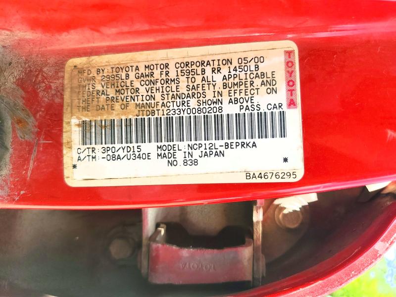 Aukcja sprzedaży 2000 Toyota Echo, vin: JTDBT1233Y0080208, numer aukcji: 59001666