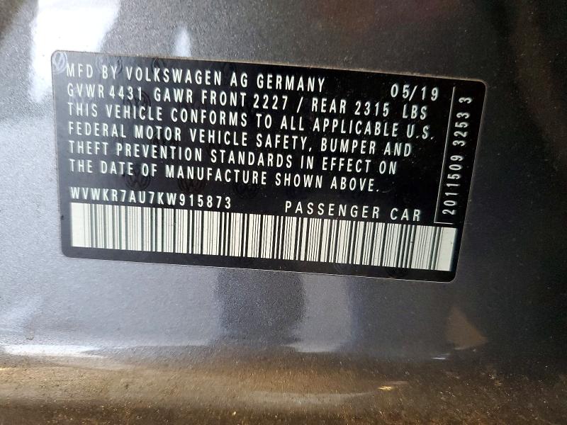 2019 Volkswagen E-golf მანქანა იყიდება აუქციონზე, vin: WVWKR7AU7KW915873, აუქციონის ნომერი: 56830286
