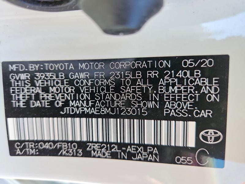 Aukcja sprzedaży 2021 Toyota Corolla, vin: JTDVPMAE8MJ123015, numer aukcji: 57967216