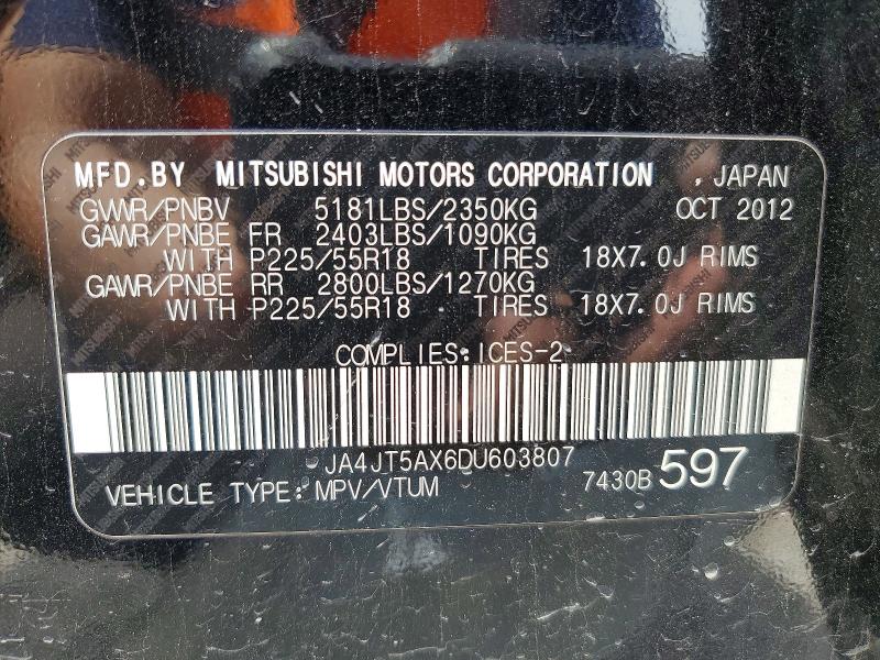 56346506 :رقم المزاد ، JA4JT5AX6DU603807 vin ، 2013 Mitsubishi Outlander مزاد بيع