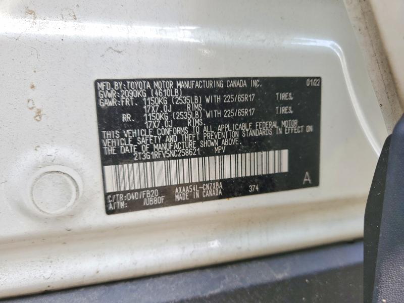 Продаж на аукціоні авто 2022 Toyota Rav4, vin: 2T3G1RFV5NC258621, номер лоту: 56893556