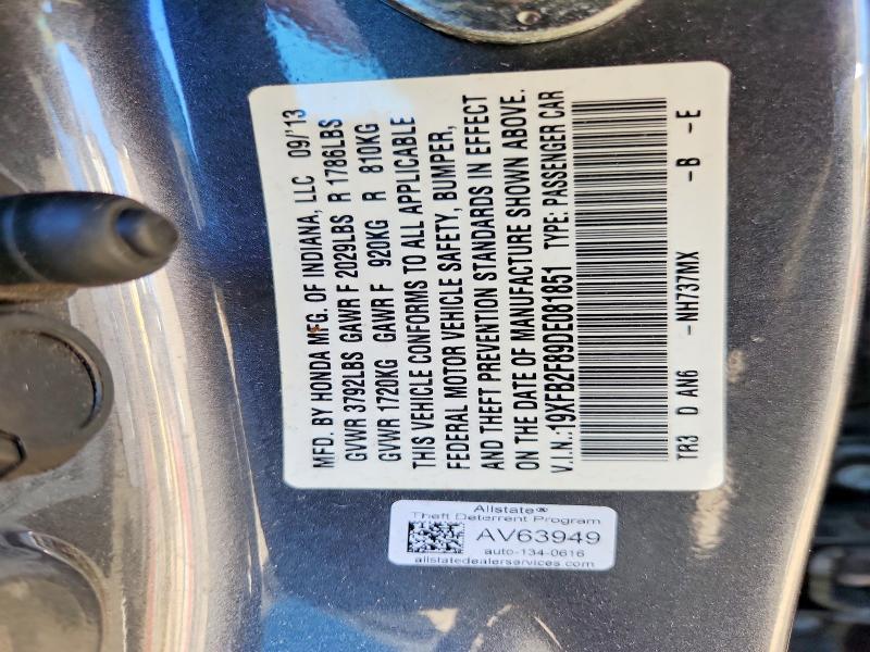 Auction sale of the 2013 Honda Civic, vin: 19XFB2F89DE081851, lot number: 56019666