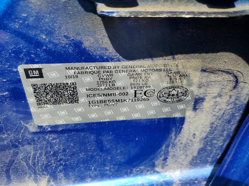 2019 Chevrolet Cruze მანქანა იყიდება აუქციონზე, vin: 1G1BE5SM1K7119265, აუქციონის ნომერი: 58021306