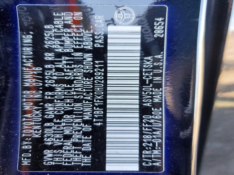 55733046 :رقم المزاد ، 4T1BF1FK0HU289211 vin ، 2017 Toyota Camry مزاد بيع