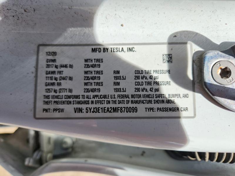 2021 Tesla Model 3 მანქანა იყიდება აუქციონზე, vin: 5YJ3E1EA2MF870099, აუქციონის ნომერი: 55693136