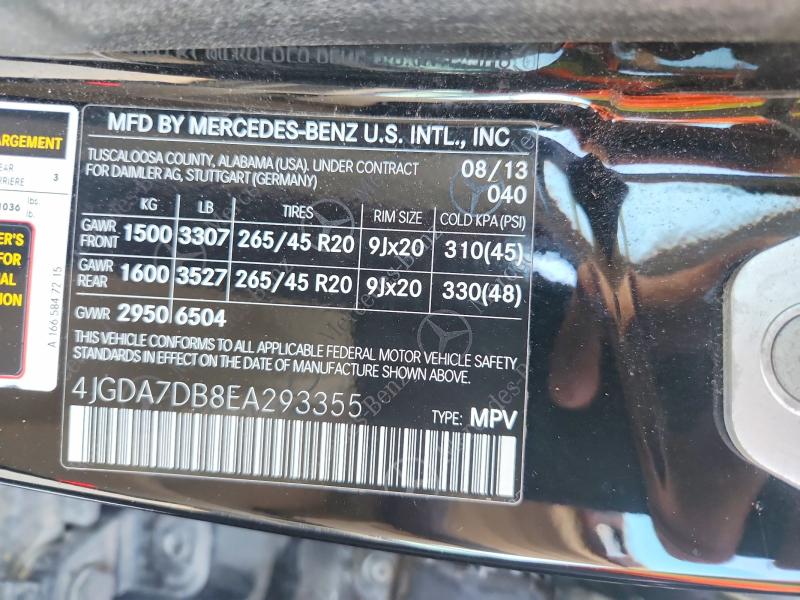 2014 Mercedes-benz Ml მანქანა იყიდება აუქციონზე, vin: 4JGDA7DB8EA293355, აუქციონის ნომერი: 55365916