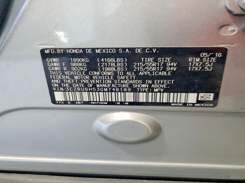 Продаж на аукціоні авто 2016 Honda Hr-v, vin: 3CZRU6H53GM748189, номер лоту: 56263666