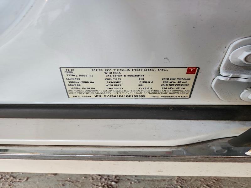 2016 Tesla Model S მანქანა იყიდება აუქციონზე, vin: 5YJSA1E41GF169995, აუქციონის ნომერი: 55875746