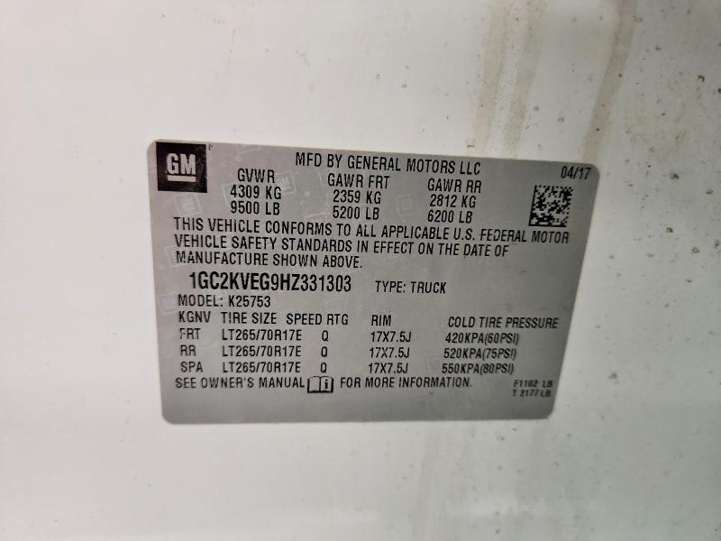 59155396 :رقم المزاد ، 1GC2KVEG9HZ331303 vin ، 2017 Chevrolet Silverado مزاد بيع