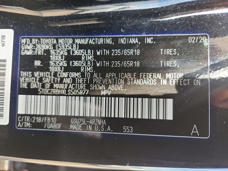 56481706 :رقم المزاد ، 5TDCZRBHXLS505877 vin ، 2020 Toyota Highlander مزاد بيع