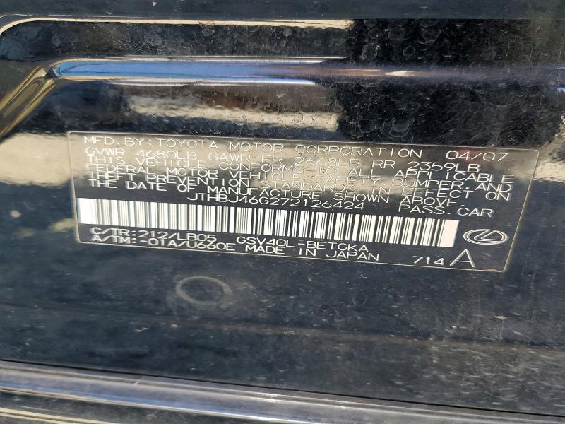 2007 Lexus Es მანქანა იყიდება აუქციონზე, vin: JTHBJ46G272126424, აუქციონის ნომერი: 57410626