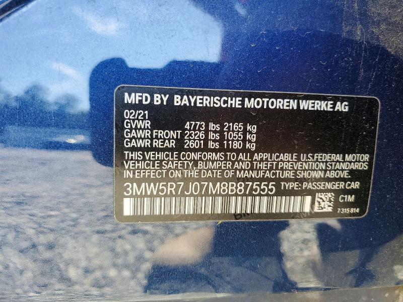 2021 Bmw 330xi მანქანა იყიდება აუქციონზე, vin: 3MW5R7J07M8B87555, აუქციონის ნომერი: 57301456