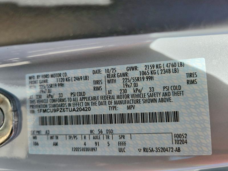 56857176 :رقم المزاد ، 1FMCU9PZ6TUA20420 vin ، 2026 Ford Escape مزاد بيع