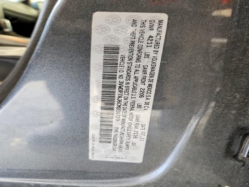 56053766 :رقم المزاد ، 3VWDP7AJ6CM310729 vin ، 2012 Volkswagen Jetta مزاد بيع