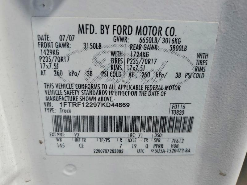 57695606 :رقم المزاد ، 1FTRF12297KD44869 vin ، 2007 Ford F150 مزاد بيع