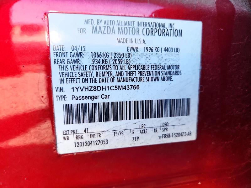 57539876 :رقم المزاد ، 1YVHZ8DH1C5M43766 vin ، 2012 Mazda 6 مزاد بيع
