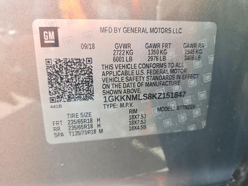 53773026 :رقم المزاد ، 1GKKNMLS8KZ151847 vin ، 2019 Gmc Acadia مزاد بيع