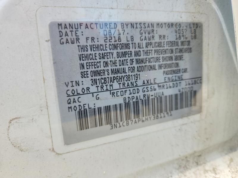 Продажа на аукционе авто 2017 Nissan Sentra, vin: 3N1CB7AP6HY381191, номер лота: 56402296