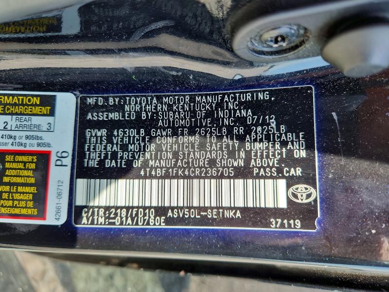Aukcja sprzedaży 2012 Toyota Camry, vin: 4T4BF1FK4CR236705, numer aukcji: 79133935