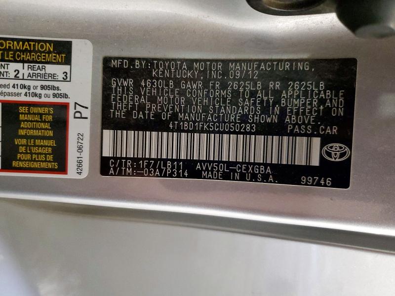 56305036 :رقم المزاد ، 4T1BD1FK5CU050283 vin ، 2012 Toyota Camry Hybrid مزاد بيع
