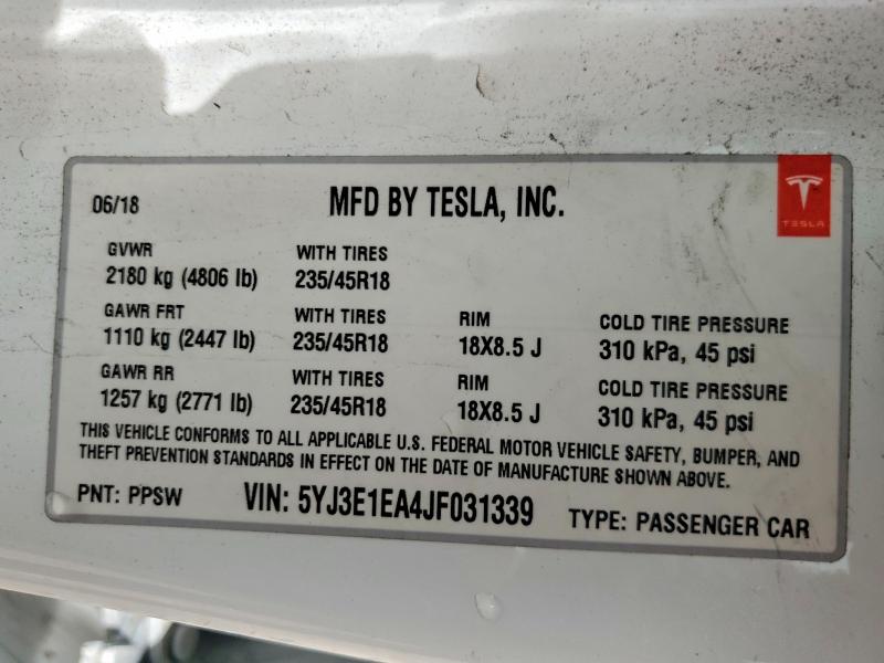 Продажа на аукционе авто 2018 Tesla Model 3, vin: 5YJ3E1EA4JF031339, номер лота: 58075976