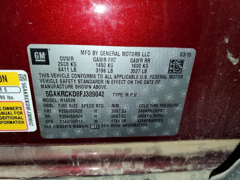 2015 Buick Enclave მანქანა იყიდება აუქციონზე, vin: 5GAKRCKD8FJ309042, აუქციონის ნომერი: 55562526