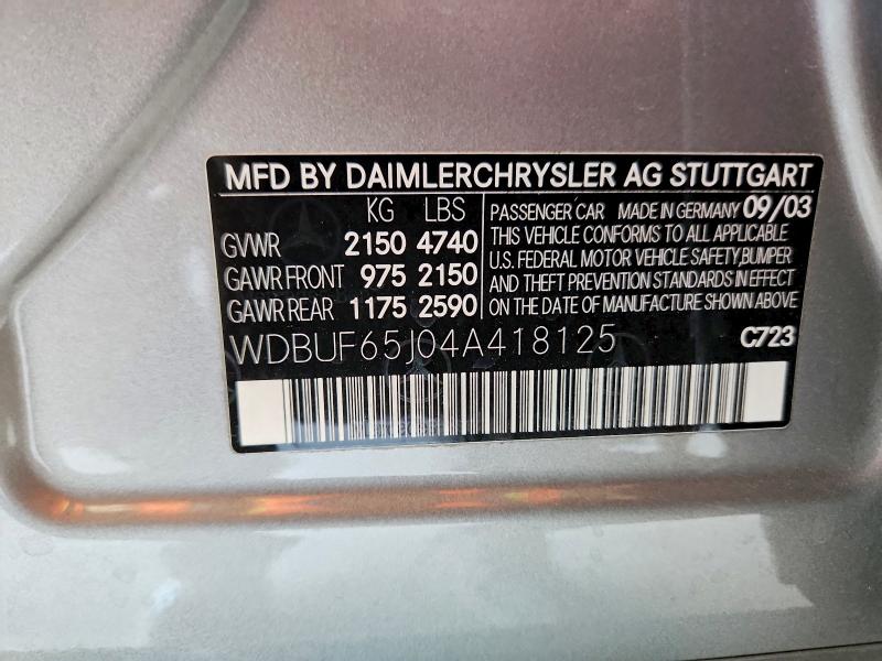 Aukcja sprzedaży 2004 Mercedes-benz E, vin: WDBUF65J04A418125, numer aukcji: 56184316