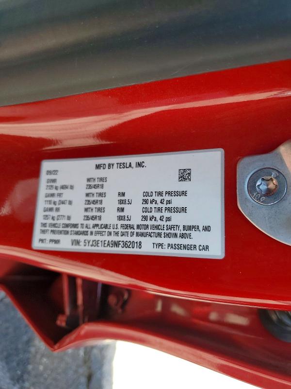Продажа на аукционе авто 2022 Tesla Model 3, vin: 5YJ3E1EA9NF362018, номер лота: 57863456