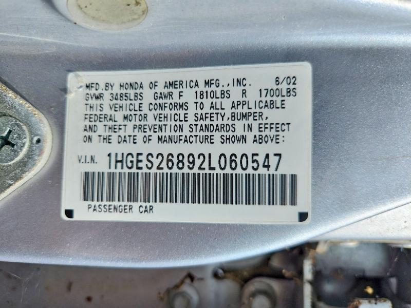Продаж на аукціоні авто 2002 Honda Civic, vin: 1HGES26892L060547, номер лоту: 58955656