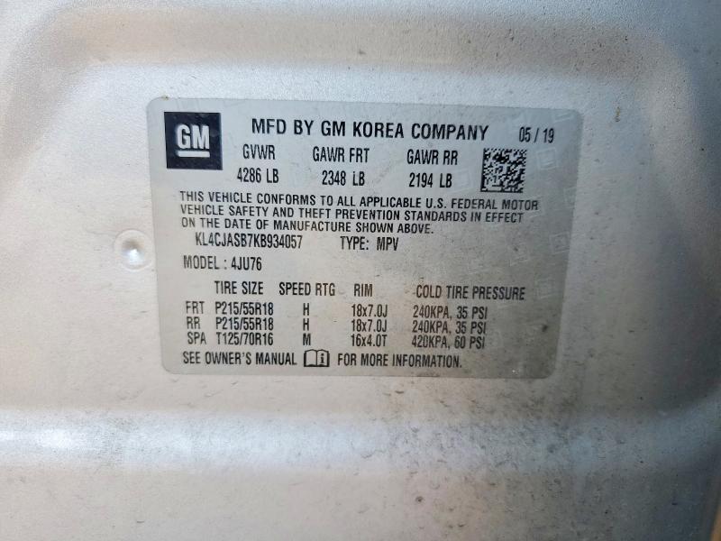 2019 Buick Encore მანქანა იყიდება აუქციონზე, vin: KL4CJASB7KB934057, აუქციონის ნომერი: 58803606