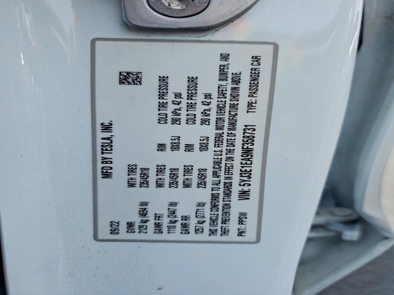 2022 Tesla Model 3 მანქანა იყიდება აუქციონზე, vin: 5YJ3E1EA9NF358731, აუქციონის ნომერი: 56327266