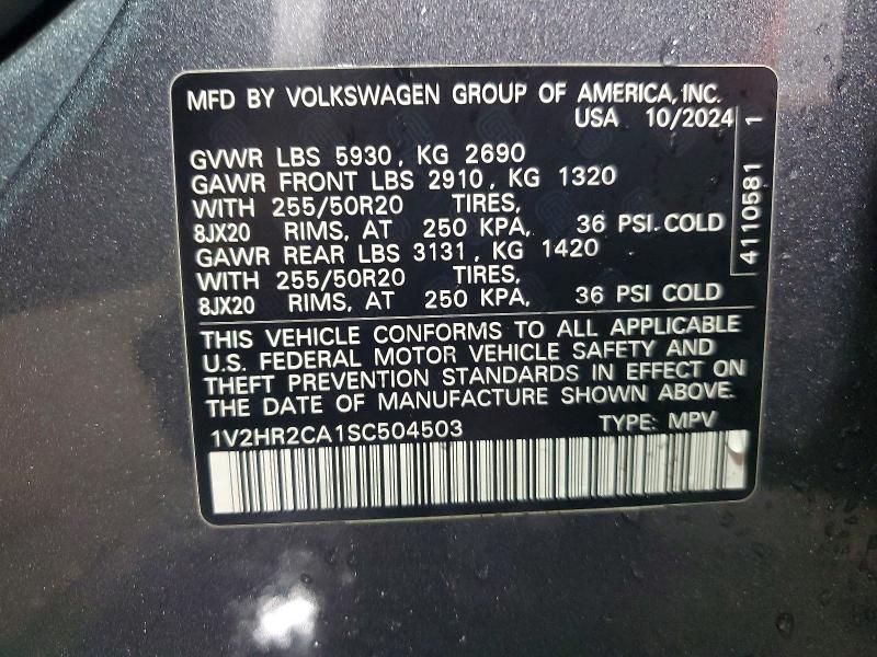 2025 Volkswagen Atlas მანქანა იყიდება აუქციონზე, vin: 1V2HR2CA1SC504503, აუქციონის ნომერი: 58453286