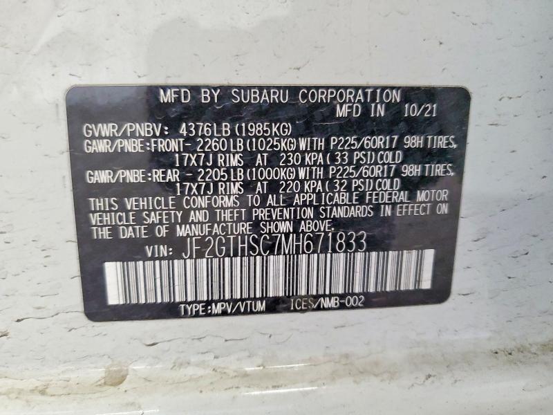 58909806 :رقم المزاد ، JF2GTHSC7MH671833 vin ، 2021 Subaru Crosstrek مزاد بيع
