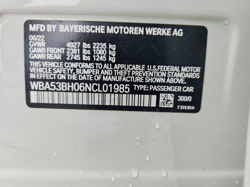 57949406 :رقم المزاد ، WBA53BH06NCL01985 vin ، 2022 Bmw 530 مزاد بيع