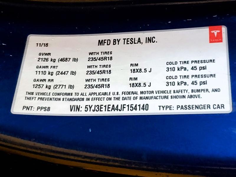 2018 Tesla Model 3 მანქანა იყიდება აუქციონზე, vin: 5YJ3E1EA4JF154140, აუქციონის ნომერი: 55960246