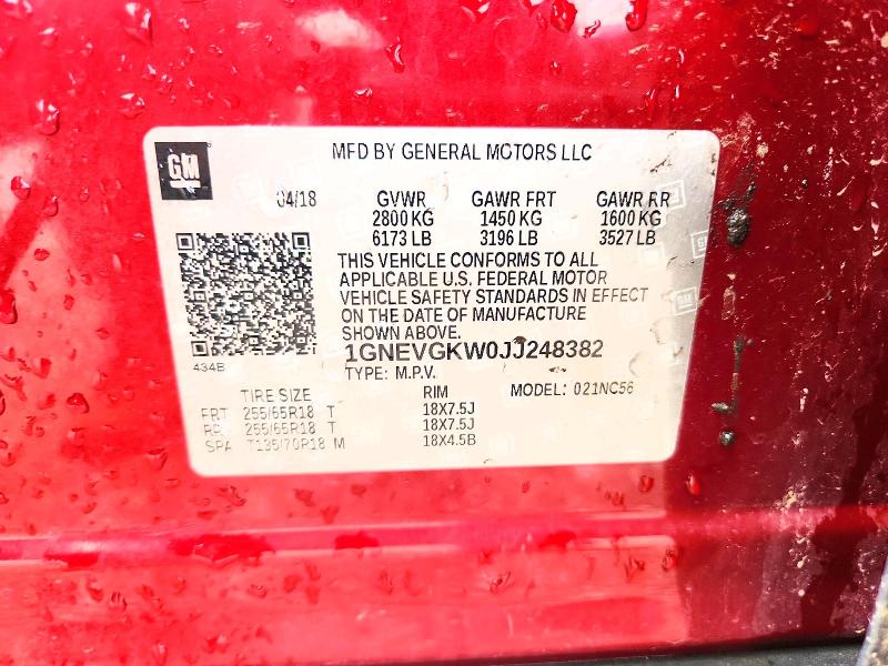 57725016 :رقم المزاد ، 1GNEVGKW0JJ248382 vin ، 2018 Chevrolet Traverse مزاد بيع