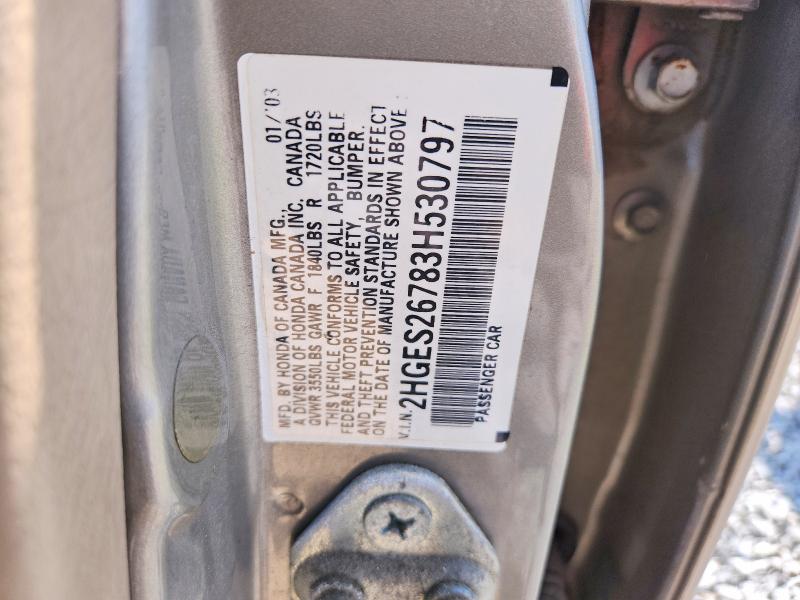 59113126 :رقم المزاد ، 2HGES26783H530797 vin ، 2003 Honda Civic مزاد بيع