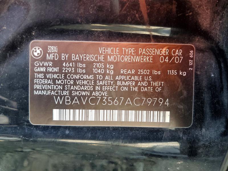 2007 Bmw 328 მანქანა იყიდება აუქციონზე, vin: WBAVC73567AC79794, აუქციონის ნომერი: 58978536