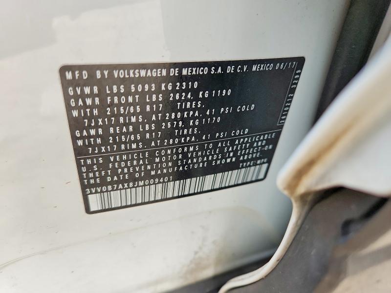 Aukcja sprzedaży 2018 Volkswagen Tiguan, vin: 3VV0B7AX8JM009401, numer aukcji: 56887846