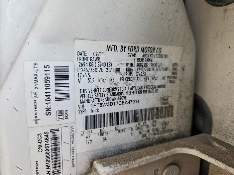 2012 Ford F350 მანქანა იყიდება აუქციონზე, vin: 1FT8W3DT7CEA47914, აუქციონის ნომერი: 57262376