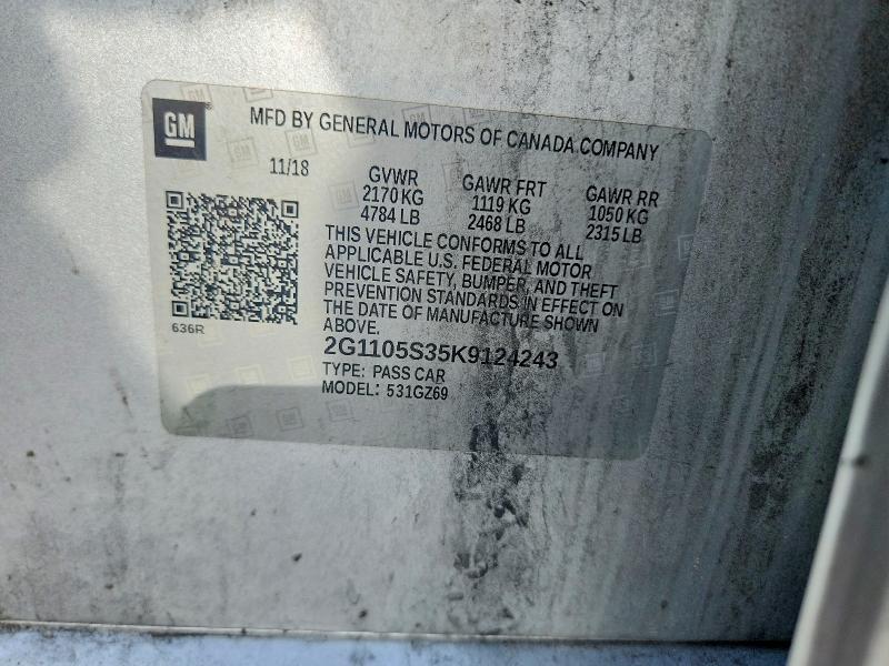 Aukcja sprzedaży 2019 Chevrolet Impala, vin: 2G1105S35K9124243, numer aukcji: 58149356