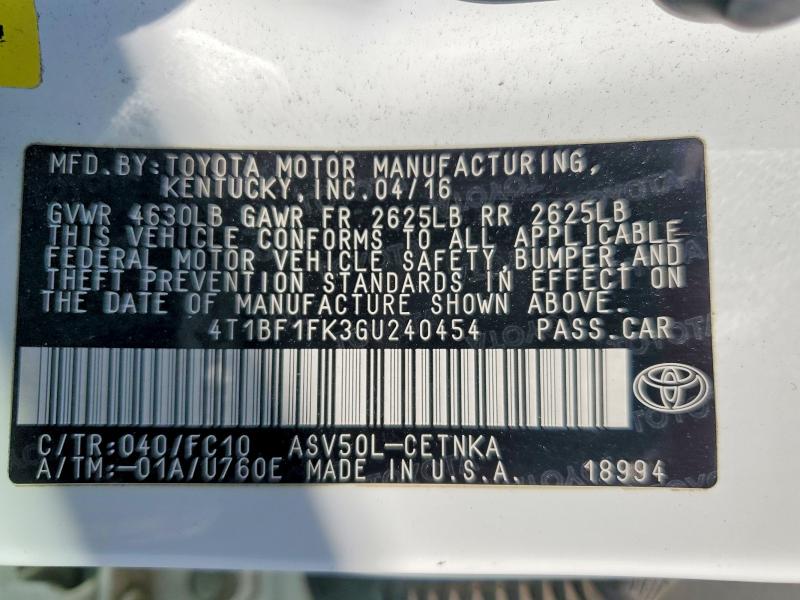 Продажа на аукционе авто 2016 Toyota Camry, vin: 4T1BF1FK3GU240454, номер лота: 57597796