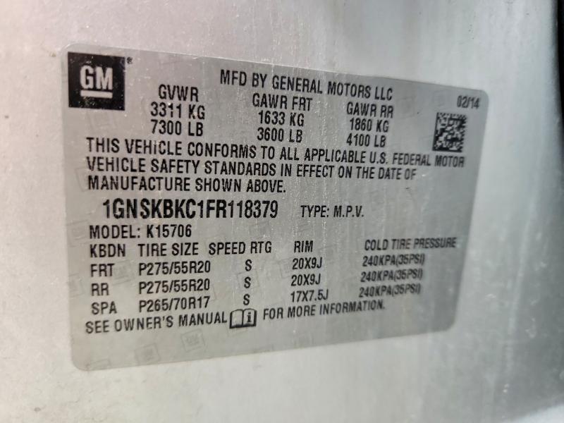 2015 Chevrolet Tahoe მანქანა იყიდება აუქციონზე, vin: 1GNSKBKC1FR118379, აუქციონის ნომერი: 57979486